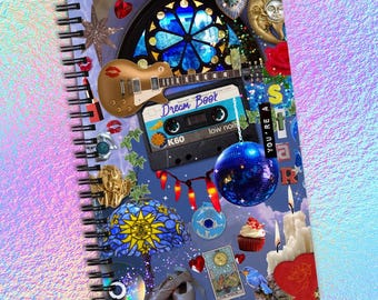 May include: Spiral-bound notebook with a collage of images including a guitar, cassette tape, disco ball, and stained glass window. The notebook has a holographic cover and features the text "Dream Book".