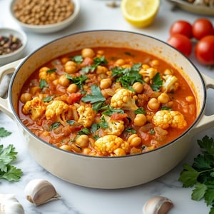 Op de afbeelding: Een lichtgekleurde geëmailleerde gietijzeren pan gevuld met een stoofpot op basis van tomaten met bloemkoolroosjes, kikkererwten en gehakte kruiden. Het gerecht is omringd door verse cherrytomaatjes, knoflookteentjes, peterselie en een halve citroen.