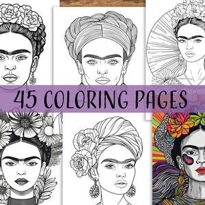 May include: A set of 45 colouring pages featuring black and white line drawings of Frida Kahlo with different floral headbands and hairstyles.