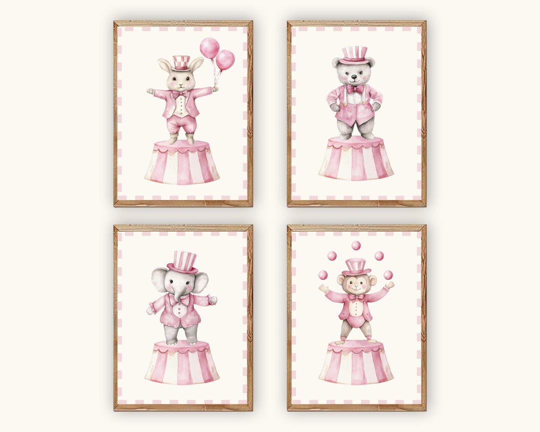 Pink Circus Nursery Wall Art, Watercolor Circus Animals, Printable Art ...