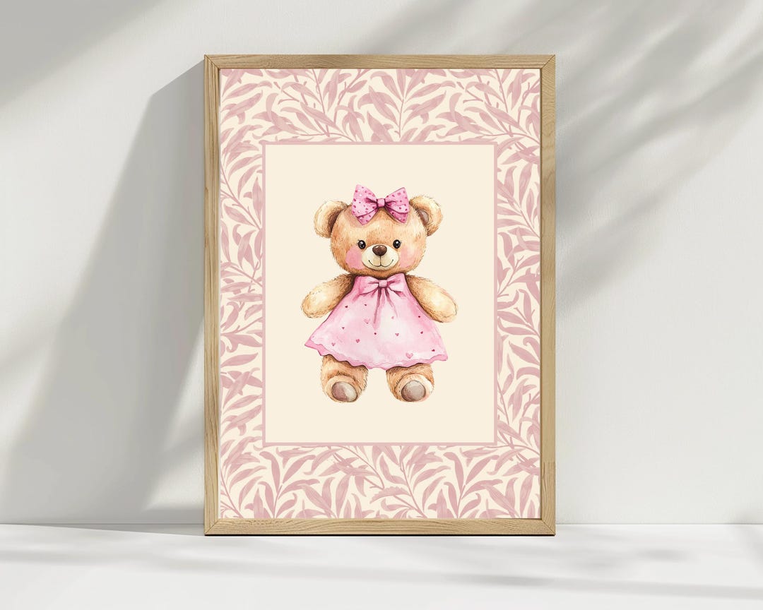 Pink Teddy Bear Nursery Wall Art, Baby Girl Room Wall Decor, Printable ...