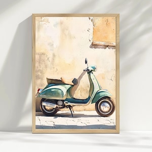 Vintage Vespa Watercolor Print – Italian Scooter Wall Art, Retro Motorcycle Decor, Mediterranean Digital Download