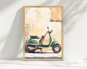 Vintage Vespa Watercolor Print – Italian Scooter Wall Art, Retro Motorcycle Decor, Mediterranean Digital Download
