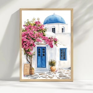 Santorini Watercolor Print: Greek House, Bougainvillea, Blue Door (Digital Download)