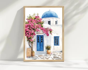 Santorini Watercolor Print: Greek House, Bougainvillea, Blue Door (Digital Download)