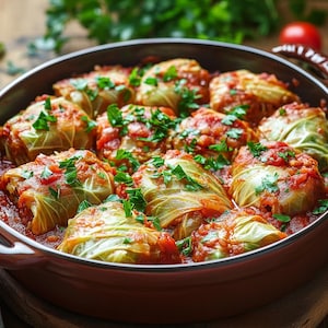 Puede incluir: Una fuente de horno de cerámica marrón llena de varios rollitos de col cocinados a fuego lento en una salsa de tomate roja vibrante. Los rollitos están bien envueltos, mostrando capas de hojas de col verde pálido y decorados con perejil fresco.