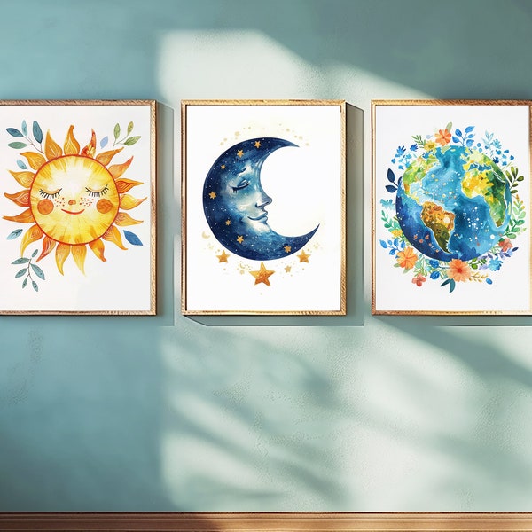 Celestial Nursery Wall Art, Printable Wall Decor, Moon, Sun and Earth Prints, DIGITAL DOWNLOAD