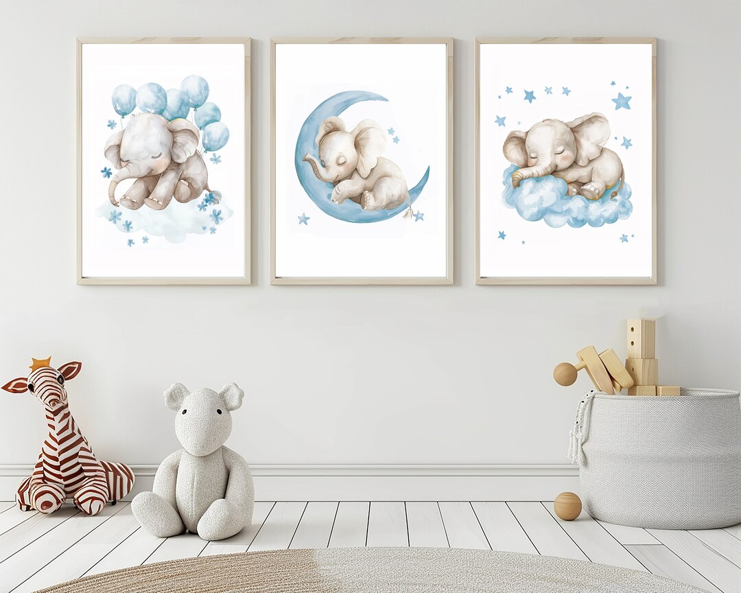 Sleeping Elephant Nursery Wall Art, Baby Boy Room, Printable Wall Decor ...
