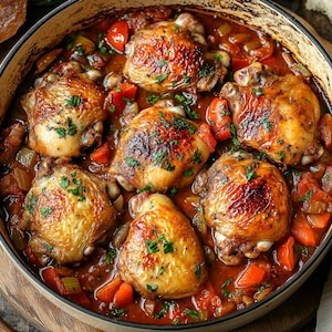 Peut inclure: Une cocotte ronde en fonte émaillée de couleur crème contenant six cuisses de poulet rôties dorées, nappées d'une riche sauce tomate rouge foncé avec des poivrons rouges en dés, des oignons et une garniture de persil frais ciselé.