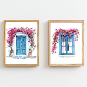 Santorini Watercolor Print Set: Greek Door & Window Art (Digital Download)