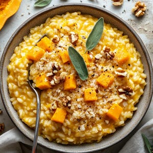 Può includere: Una ciotola di risotto giallo cremoso guarnito con cubetti di zucca arancione, noci tritate e foglie di salvia verde fresca. Un cucchiaio d'argento riposa all'interno della ciotola, riempita con un piatto di riso testurizzato al pepe nero.