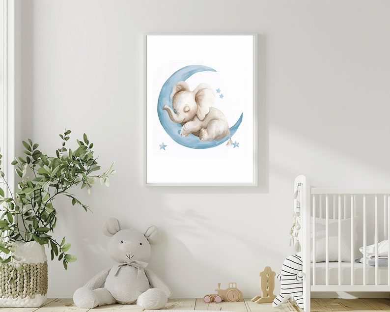 Sleeping Elephant Nursery Wall Art, Baby Boy Room, Printable Wall Decor ...