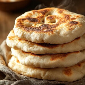 May include: A stack of four round, golden-brown flatbreads with charred spots on the surface. The bread appears soft and thick, with visible steam rising from the top piece, resting on a textured, dark-coloured fabric cloth.