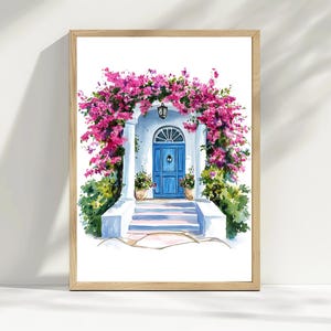 Blue Doorway Watercolor Print: Santorini Bougainvillea Arch (Digital Download)