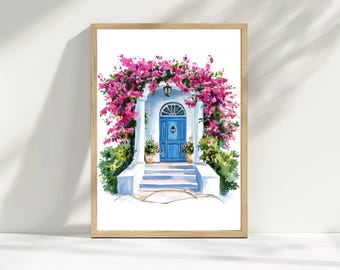 Blaue Tür Aquarell Druck: Santorini Bougainvillea Bogen (Digitaler Download)