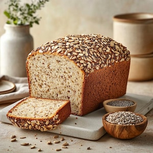 Può includere: Una pagnotta di pane artigianale ricoperta di semi di girasole e semi di chia, con una mollica chiara e grani visibili. Una fetta è tagliata dalla pagnotta e poggia su un tagliere chiaro accanto a due piccole ciotole di legno con semi.