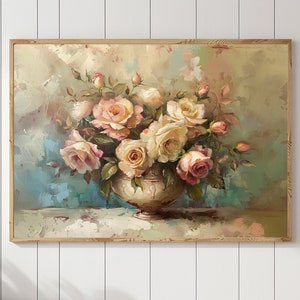 Vintage roses in a vase, Printable oil painting, DIGITAL DOWNLOAD
