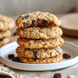 May include: A stack of five round oatmeal raisin cookies on a white plate. The top cookie is broken, revealing a soft, golden-brown interior with visible dark raisins and rolled oats. The texture is rustic and crumbly, with scattered raisins.