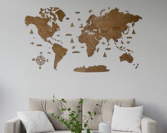 Mapa del mundo de madera para decoración de pared: modelo Venge, inscripciones en italiano