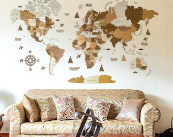 May include: A living room with a large wooden world map on the wall. The room features a patterned sofa, a wooden coffee table, and a woven armchair. The floor is covered with a shaggy rug, and a fireplace is visible.