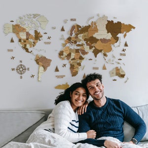 Carte du monde en bois « Californie » - Décoration murale 3D, Art mural pour la maison, la cuisine ou le bureau, Cadeau pour lui, Cadeau 5e anniversaire