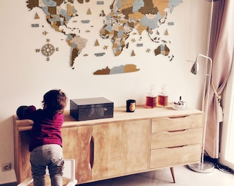 3D Wooden World Map Wall Art: Travel Decor Gift Sahara Color