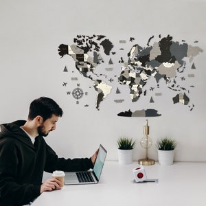 Carte du monde en bois « Nuit » - Décoration murale 3D - Taille de la carte (M , L , XL) - Art mural pour la maison, la cuisine ou le bureau