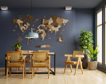 Wooden world map "Coffee" - 3D wall decoration - Size of map (M , L , XL) - Wall art for the home, kitchen or office