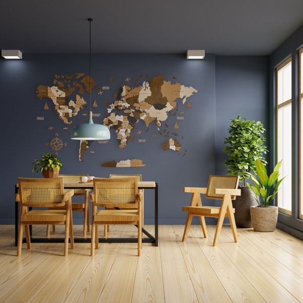 Houten wereldkaart "Coffee" - 3D wanddecoratie - Grootte van de kaart (M, L, XL) - Muurkunst voor thuis, keuken of kantoor