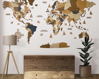 Mapa del mundo de madera para pared: decoración 3D para sala de estar, oficina o dormitorio. Regalo personalizado con mapa de viaje, decoración rústica para pared.