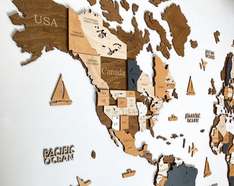 Mapa del mundo de madera 3D para pared: decoración de viajes, hogar, oficina y cocina.
