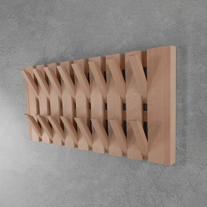 Natural beech wood piano 2-Tiers coat rack with 8/12/16 hooks, Wall mounted wooden holder, Flip-down hooks, Modern piano beech 2-Tiers rack