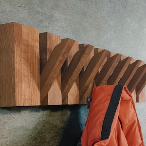 Handmade piano fumed oak rack for clothing (3-8 hooks), Wall coat rack, Flip-down hooks, Wall oak wood rack, Wall mounted hooks, Hat rack