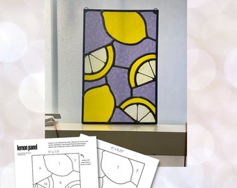 May include: Printable stained glass pattern featuring a lemon design. The pattern is divided into 21 sections, with numbers corresponding to each section. The pattern is 5 x 7.5 inches and 6 x 9.25 inches.