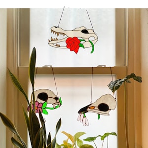 Digital Stained Glass Pattern / SET OF 3 animal skulls with flowers/ Cat Bird and Crocodile/Alligator / PDF Instant Download (Intermediate)