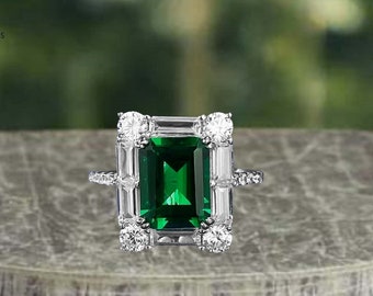 Emerald Ring •  2.00 CT • 925 Sterling Silver •  7*9MM  • Ring for Women • Jewelry Vintage •  Perfect for Mother's day•