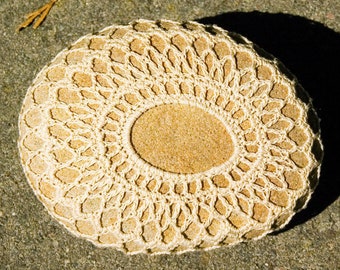 Oval Window Sea Stone Paperweight Beige Thread  Tan Stone Crocheted Lace Fiber Art