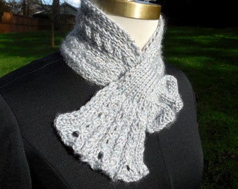 Glitzy Gray Scarflette with Lacy Cabled Frill hand knit neckwarmer dressy scarf pass through scarf keyhole scarf
