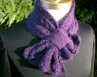 Purple Scarflette with Leafy Frill hand knitted soft warm feminine pass-through scarf keyhole scarf