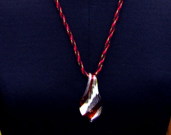 Red and Black Kumihimo Cord Necklace with Red, White, and Silver Glass Pendant