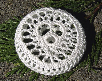 White Lacy Heart Mini Paperweight crocheted lace fiber art thread crochet over glass pebble