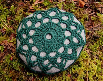 Forest Green Flower Sea Stone Paperweight crocheted lace fiber art