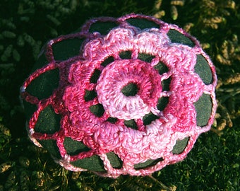 Variegated Pink Flower Sea Stone Paperweight crocheted lace fiber art thread crochet over stone