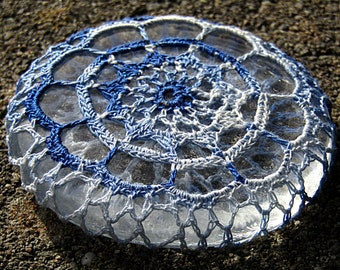 Blue Rosette Mini Paperweight crocheted lace fiber art thread crochet over glass pebble