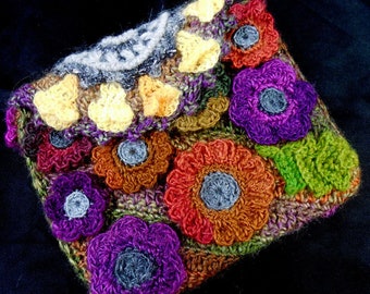 Garden Dreams Freeform Crochet Bag fiber art clutch purse flowers leaves