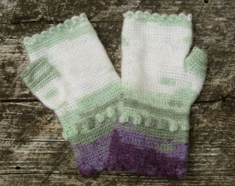 Lavender, Green and Cream Scalloped Fingerless Gloves crocheted feminine wrist warmers texting gloves