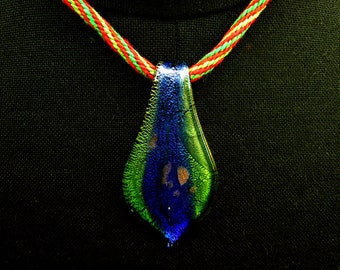 Green and Red Kumihimo necklace with blue, green, copper pendant
