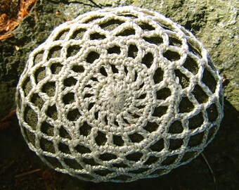 Oval Circular Mesh Crochet Sea Stone Paperweight crocheted lace fiber art