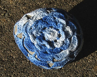 Blue Rose Sea Stone Paperweight crocheted lace fiber art thread crochet over stone