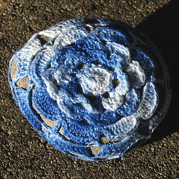 Blue Rose Sea Stone Paperweight crocheted lace fiber art thread crochet over stone